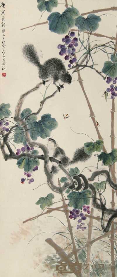 江寒汀 庚寅(1950年)作 松鼠葡萄 立轴 106×48cm